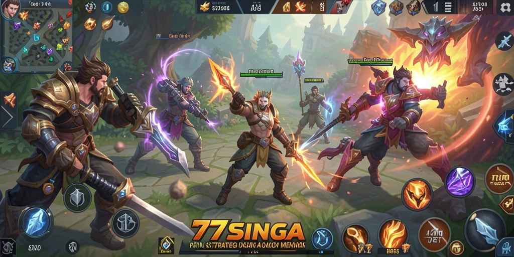 Screenshot gameplay MOBA 77SINGA dengan pertempuran epik.