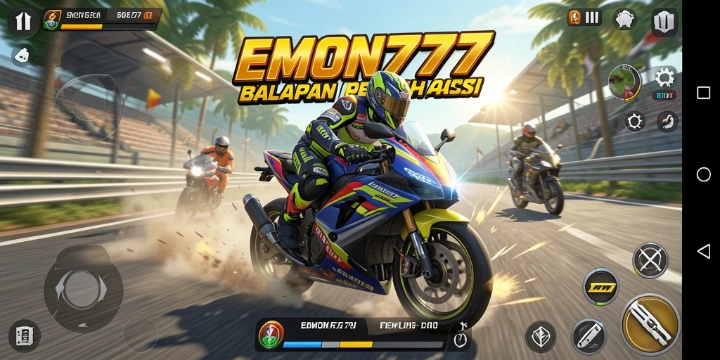 Tampilan gameplay seru di EMON777 dengan balapan motor yang cepat.