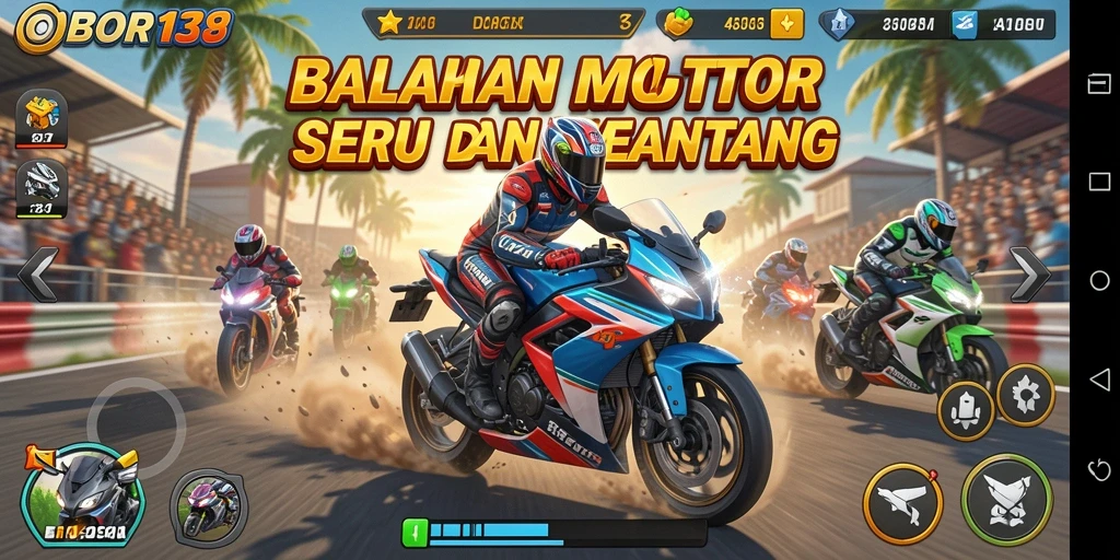 Screenshot gameplay OBOR138 menampilkan aksi balapan motor yang mendebarkan.