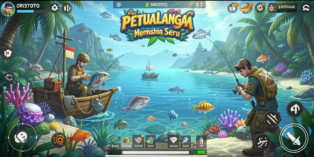 Tampilan seru gameplay ORISTOTO dengan aktivitas memancing yang mendebarkan.