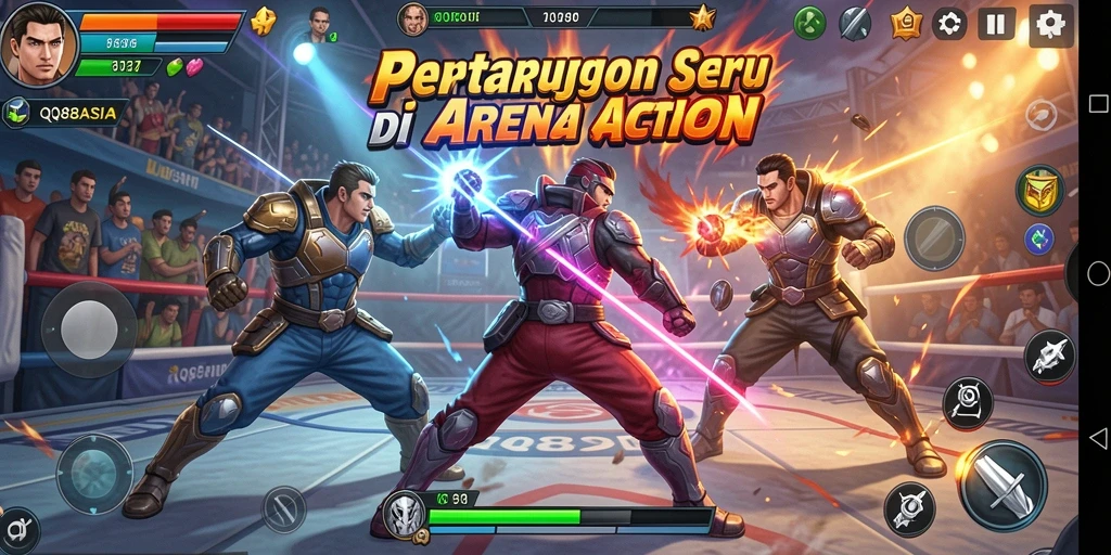 Screenshot gameplay QQ88ASIA dengan karakter beraksi di arena pertarungan.