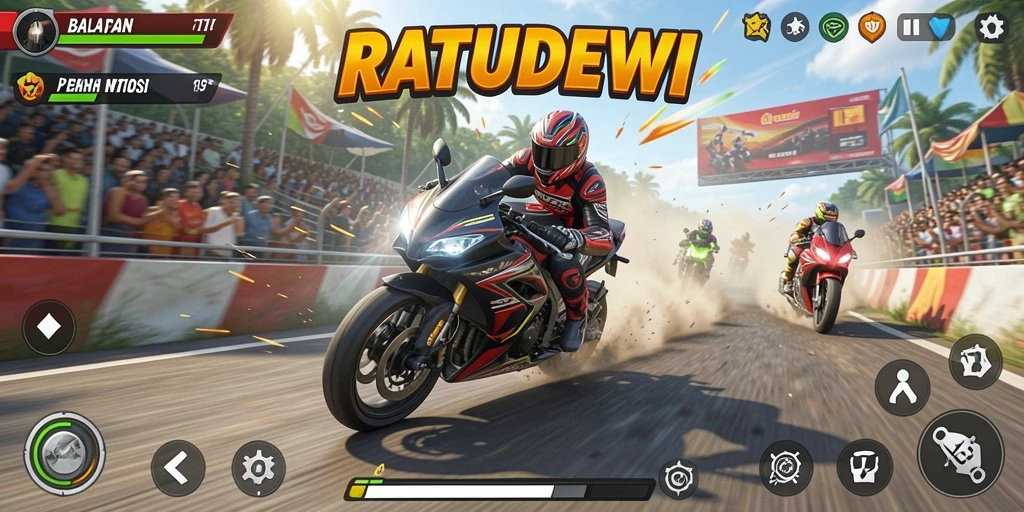 Screenshot gameplay <strong>RATUDEWI</strong> yang menunjukkan aksi balap motor.
