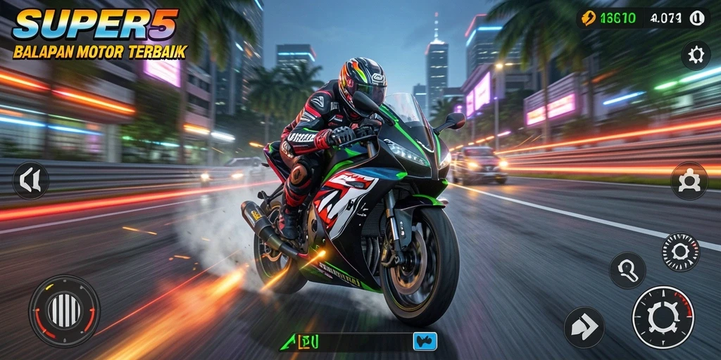 Gameplay mendebarkan SUPER5 dengan balapan motor intens.