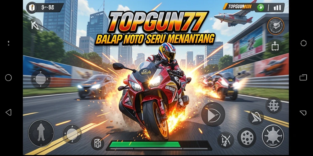 Screenshot gameplay seru dari TOPGUN77 memperlihatkan aksi balap motor yang mendebarkan.